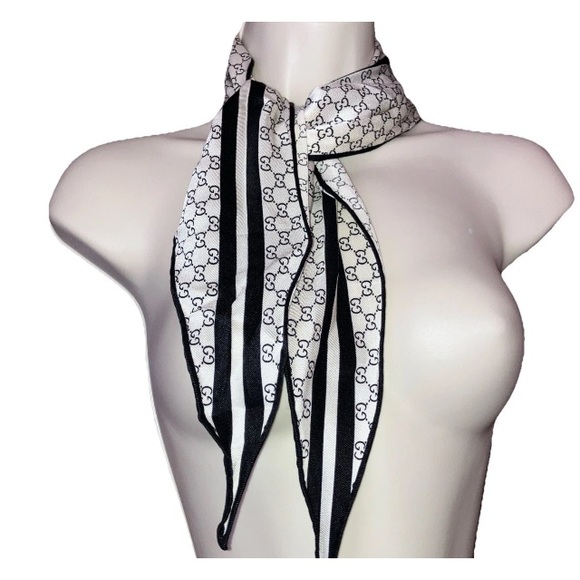 Gucci Accessories - GUCCI Italy Silk GG Logo Black White Neck Bow Ribbon Scarf Hand-rolled Hems